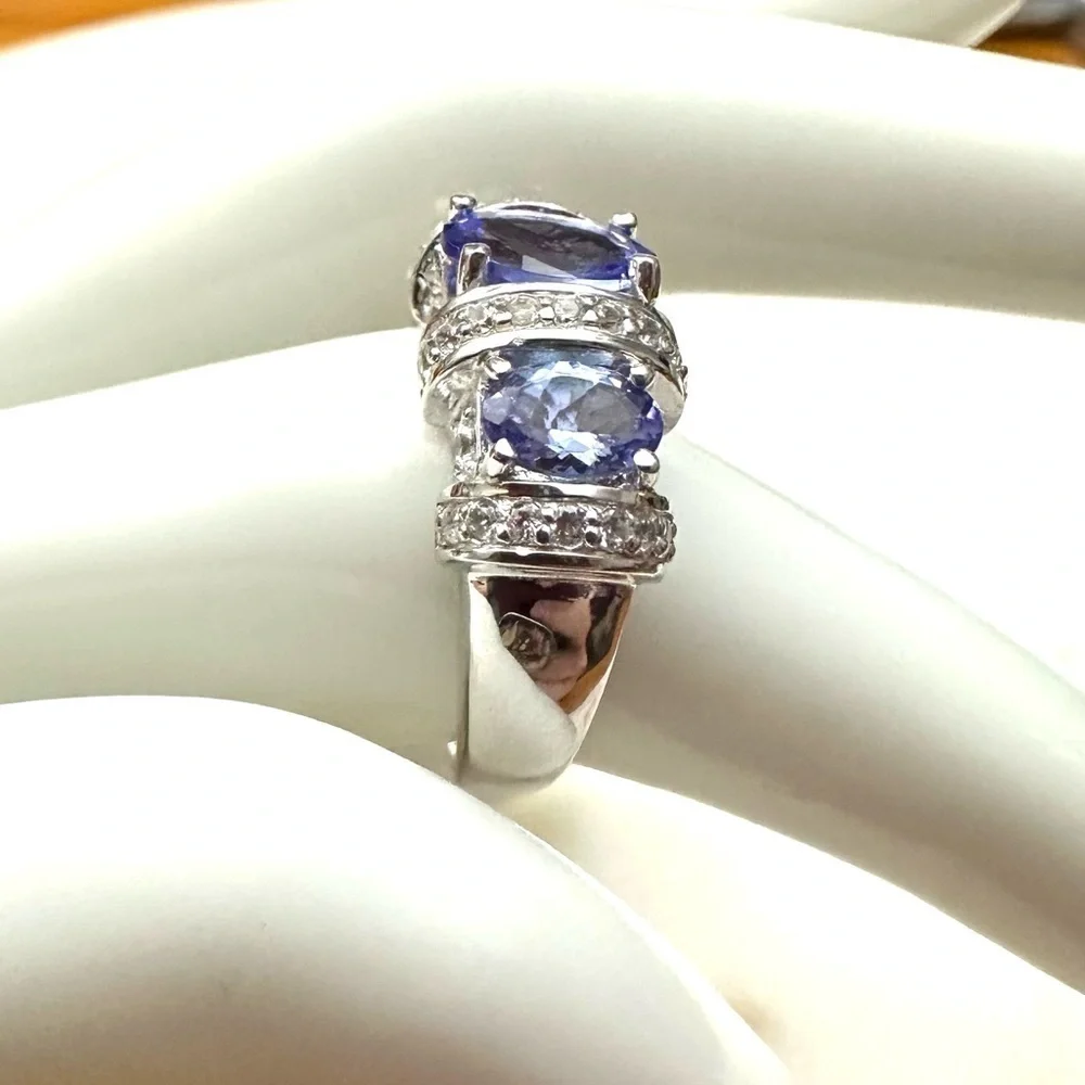 3 Stone Blue Tanzanite | White Zircon Rhodium over Sterling Silver Ring 2.44ctw